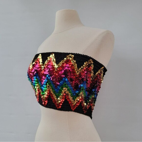 Topshop Womens Medium Black Boho Disco Retro Bright Sequin Smocked Tube Crop Top - Picture 2 of 10